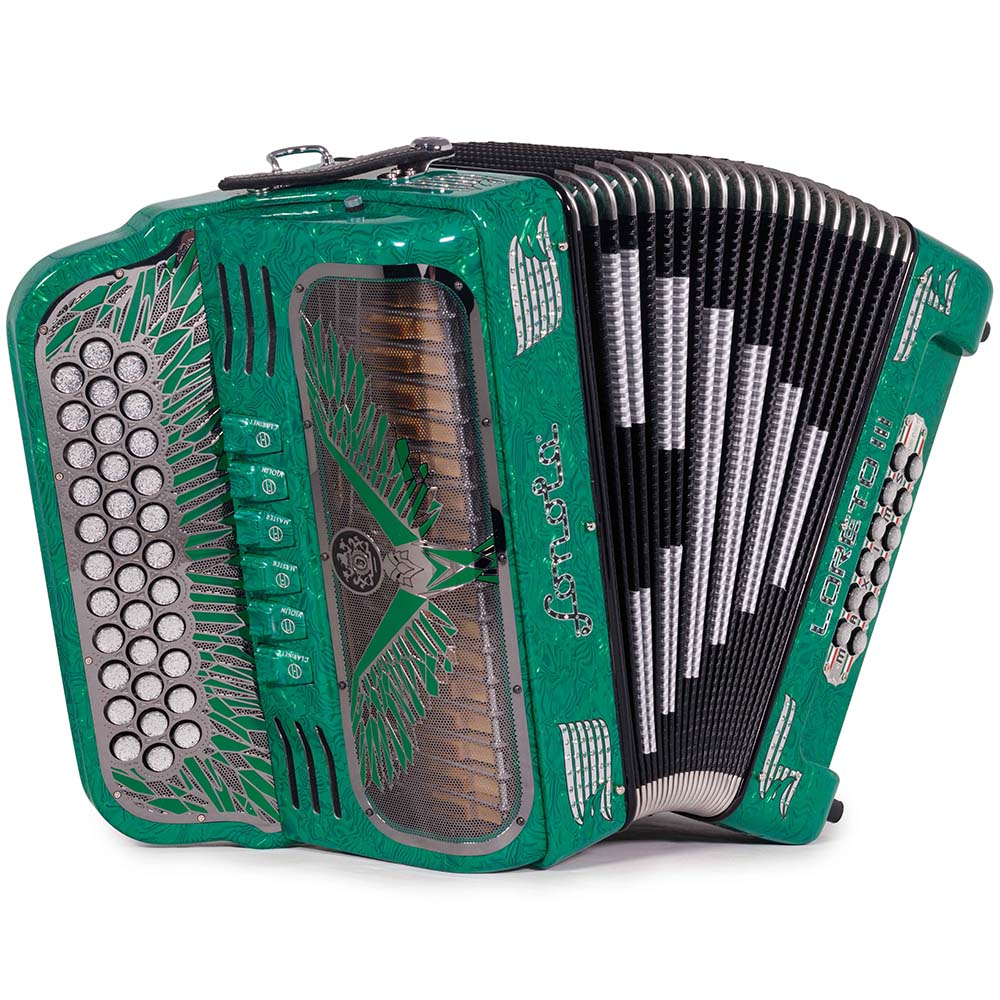 Sonola Loreto III Acordeón 6 Registros FA-MI Ondas Verdes de Celuloide con Plata