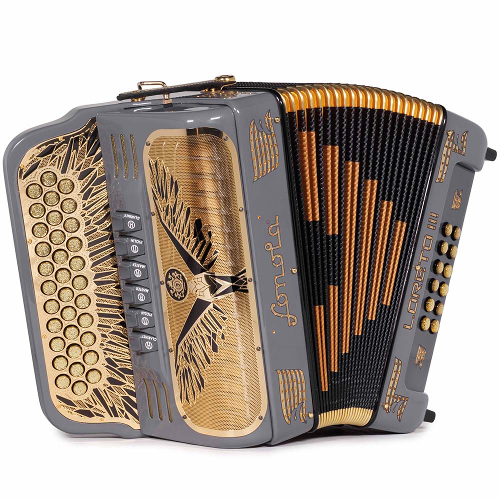 Sonola Loreto III Acordeón 6 Registros FA-MI Gris Oscuro con Disenos Oro