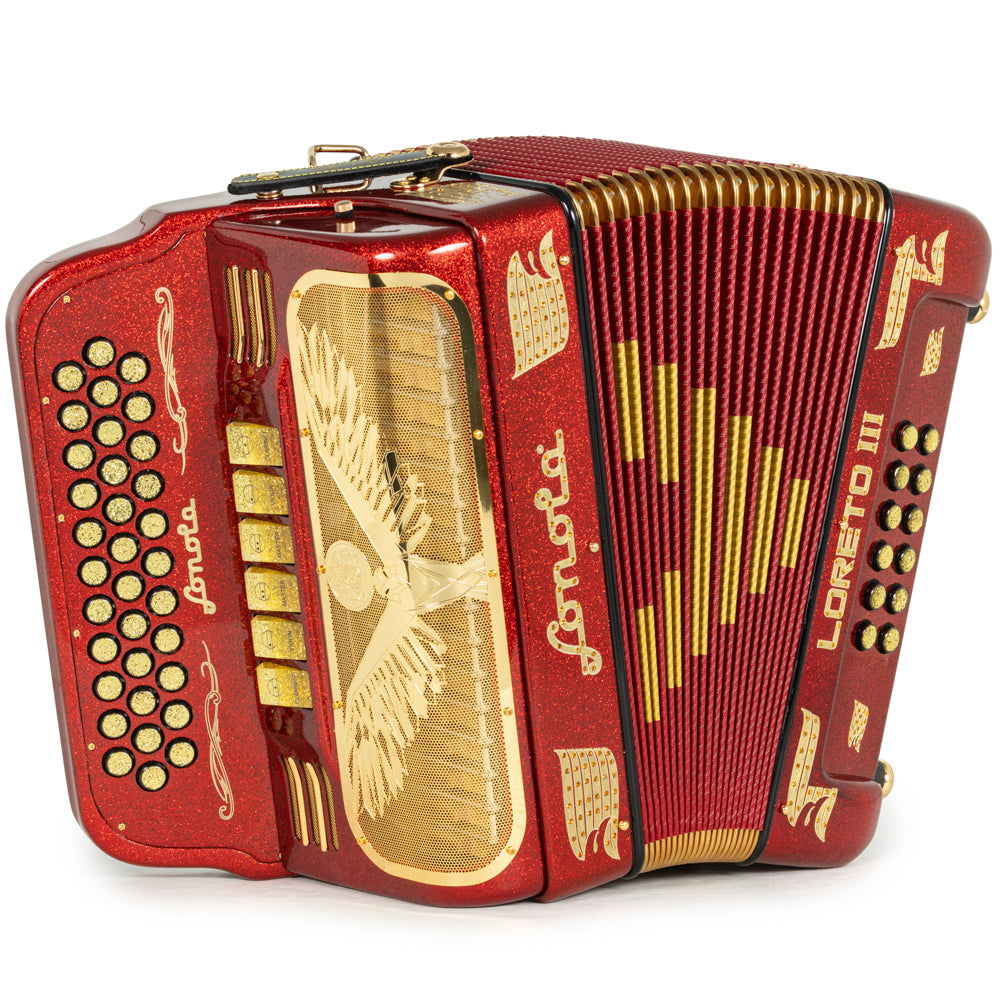 Sonola Loreto III Acordeón 6 Registros FA-MI Brillo Rojo y Dorado
