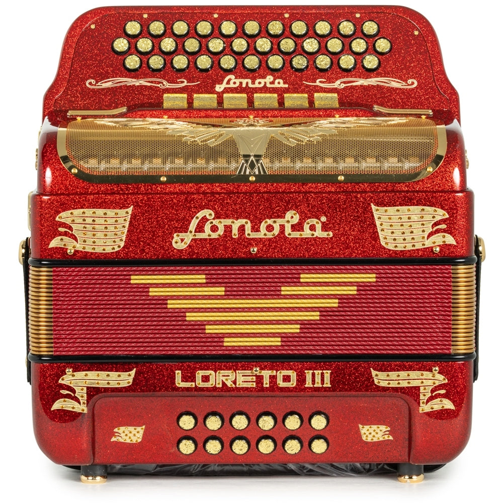 Sonola Loreto III Acordeón 6 Registros FA-MI Brillo Rojo y Dorado