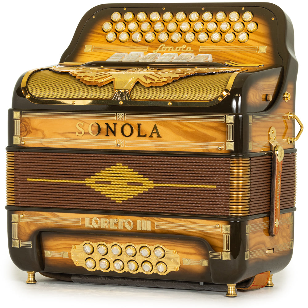 Sonola Loreto III Acordeón 6 Registros Fa-Mi Madera Clara Pulida y Dorado