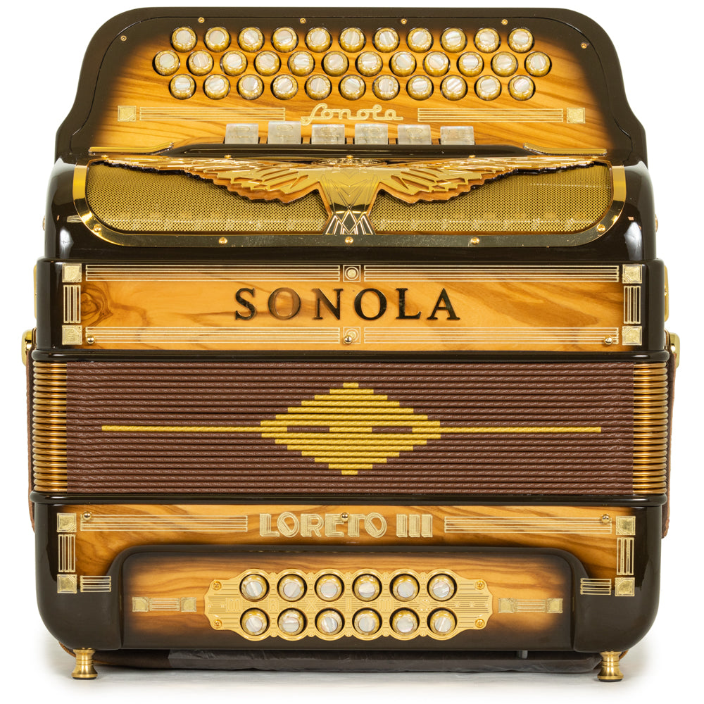 Sonola Loreto III Acordeón 6 Registros Fa-Mi Madera Clara Pulida y Dorado