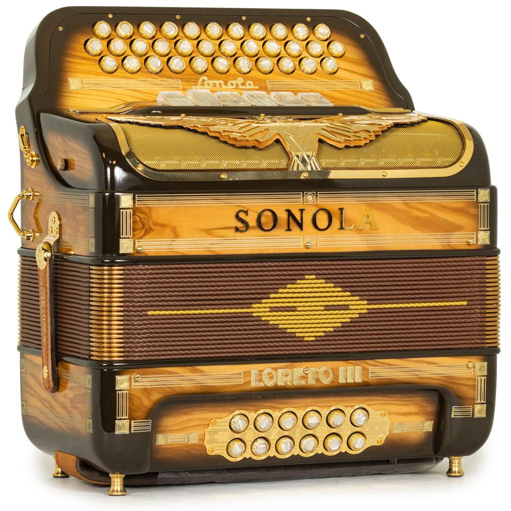 Sonola Loreto III Acordeón 6 Registros Fa-Mi Madera Clara Pulida y Dorado