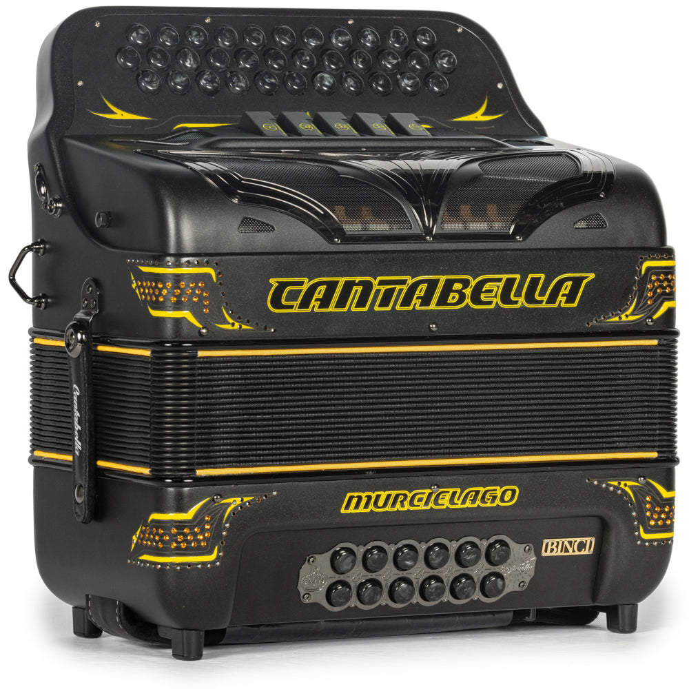 Cantabella Murcielago Accordion 5 Switch FBE Matte Black and Yellow-accordions-Cantabella-Hermes Music-Accordion Pro Shop