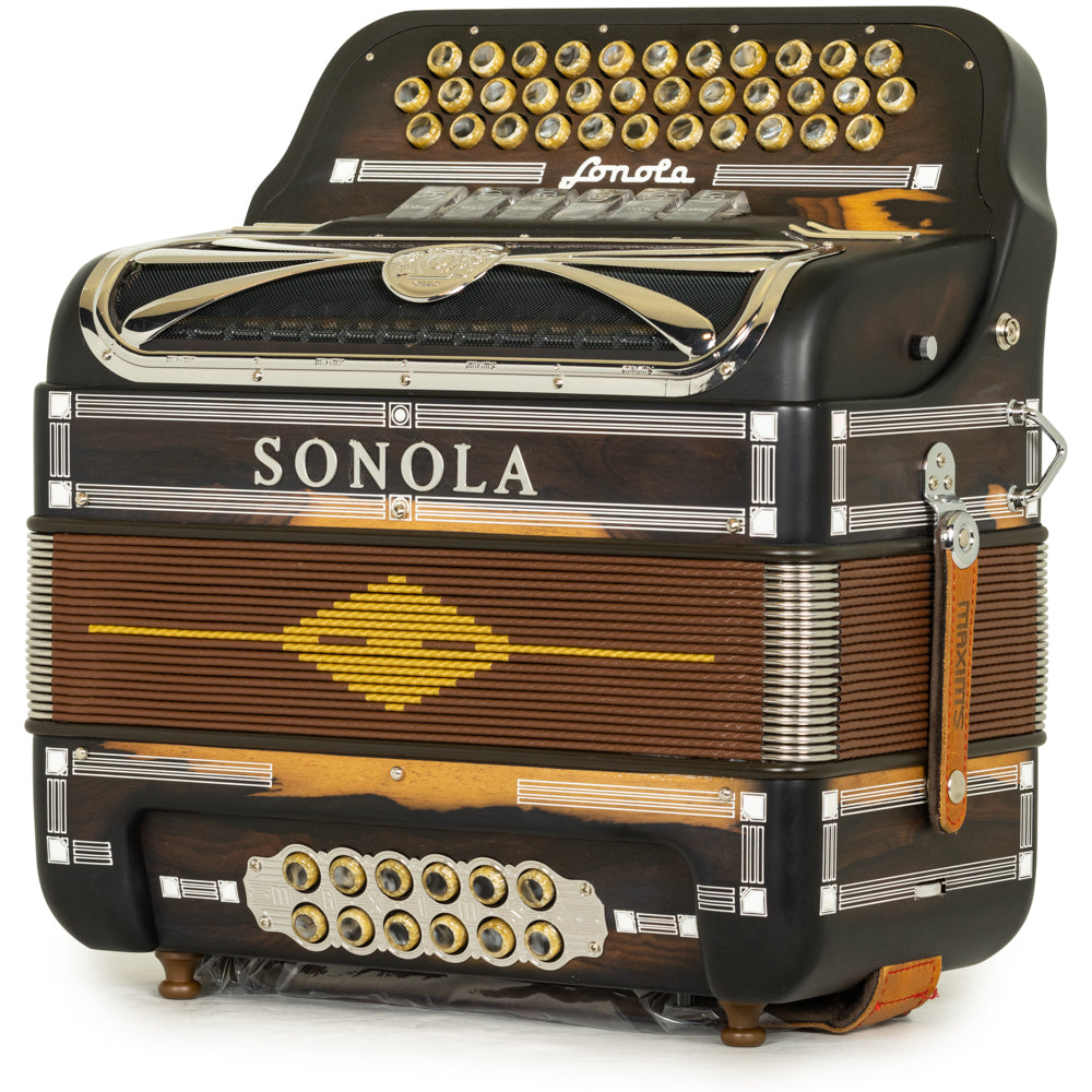 Sonola Mustang III Acordeón 6 Registros Fa-Mi Madera Oscura Pulida y Blanco