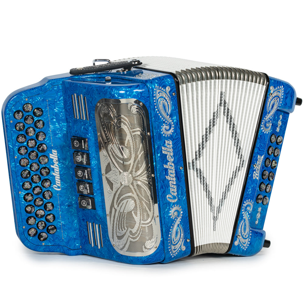 Cantabella Reina Acordeón 5 Registros Mi Ondas Azules Negro y Plata con Diapasón Pintado