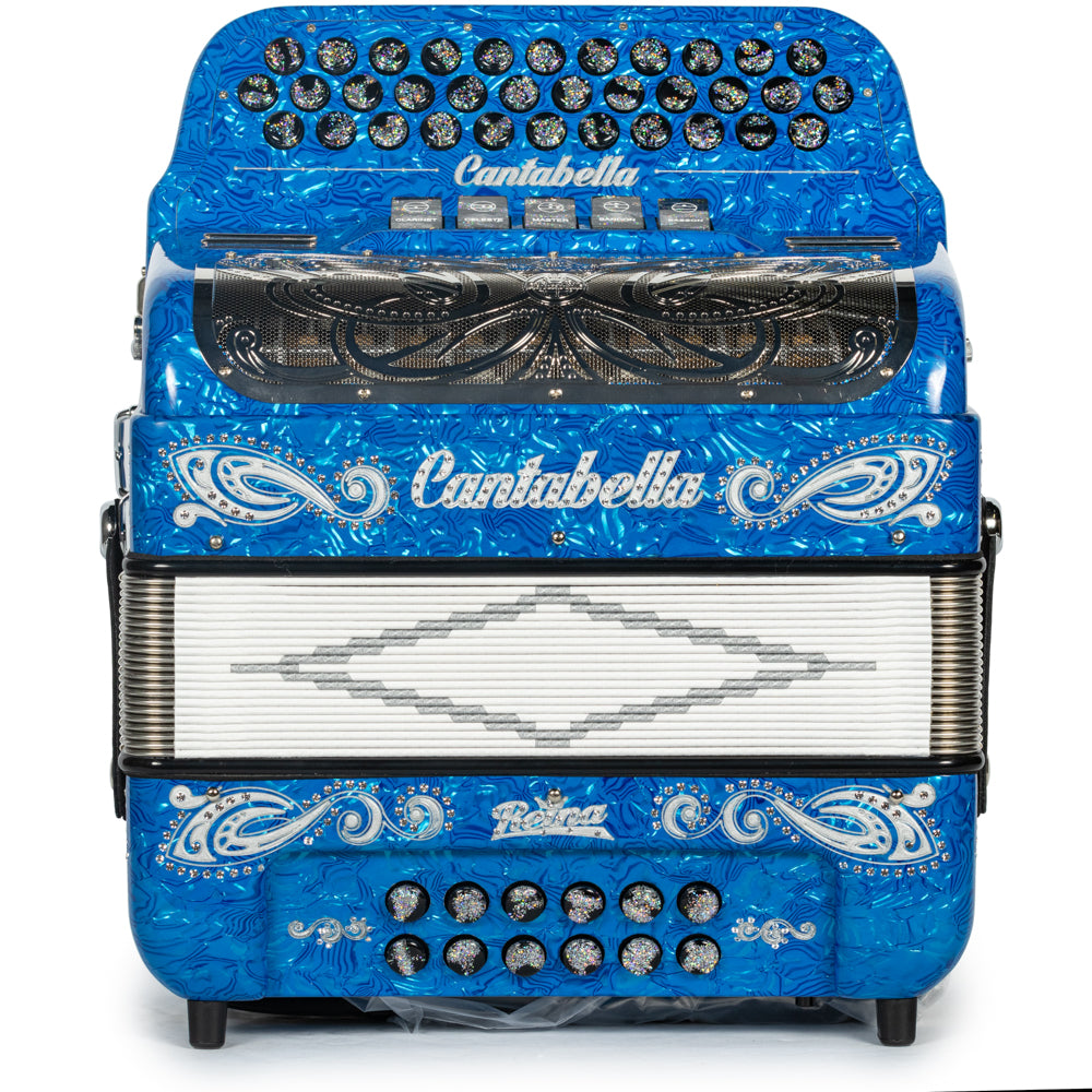 Cantabella Reina Acordeón 5 Registros Sol Ondas Azules Plata y Negro con Diapasón Pintado
