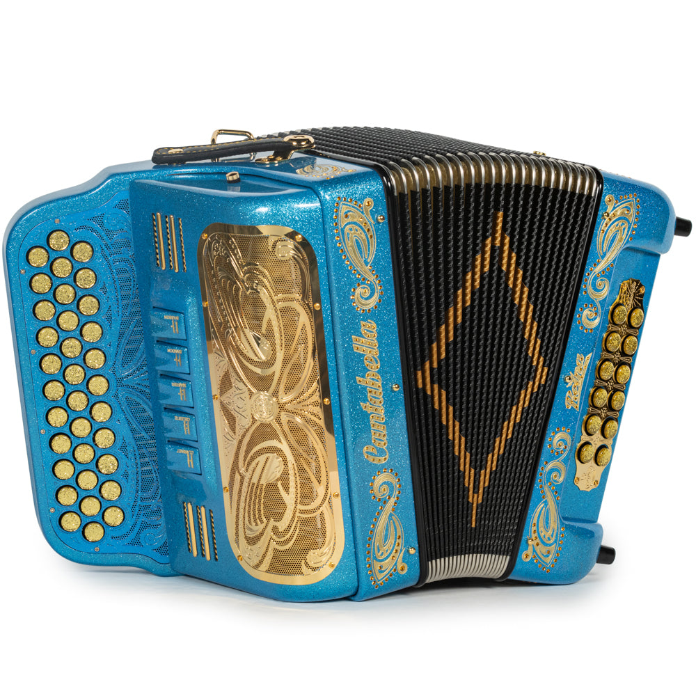 Cantabella Roadmaster Acordeón 5 Registros Mi Brillo Azul Claro y Oro con Diapasón Pintado