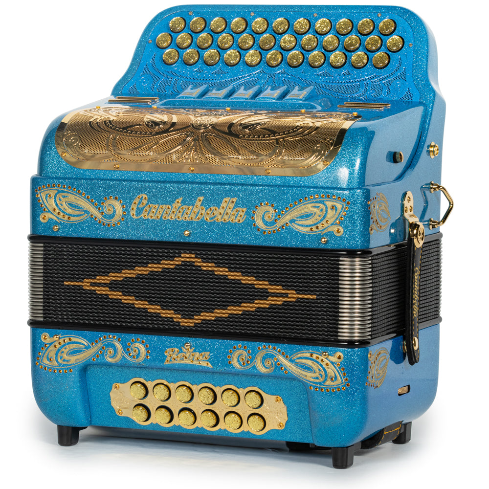Cantabella Roadmaster Acordeón 5 Registros Mi Brillo Azul Claro y Oro con Diapasón Pintado
