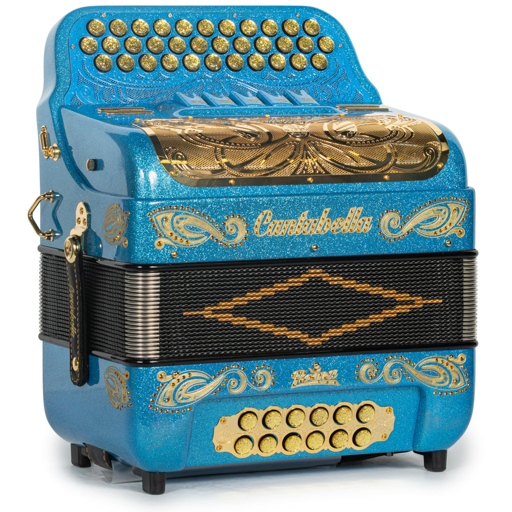 Cantabella Roadmaster Acordeón 5 Registros Mi Brillo Azul Claro y Oro con Diapasón Pintado