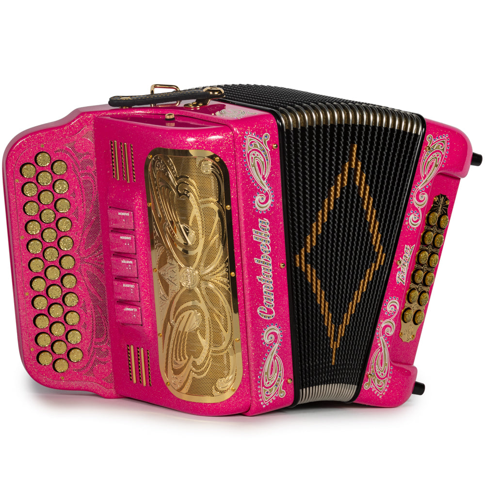 Cantabella Reina Accordion 5 Switch EAD Pink Glitter with Gold and Painted Fretboard Hermes Music