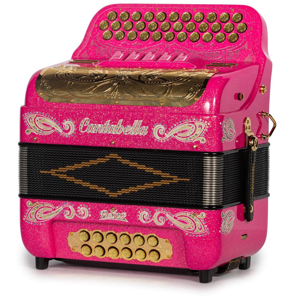 Cantabella Reina Accordion 5 Switch EAD Pink Glitter with Gold and Painted Fretboard Hermes Music