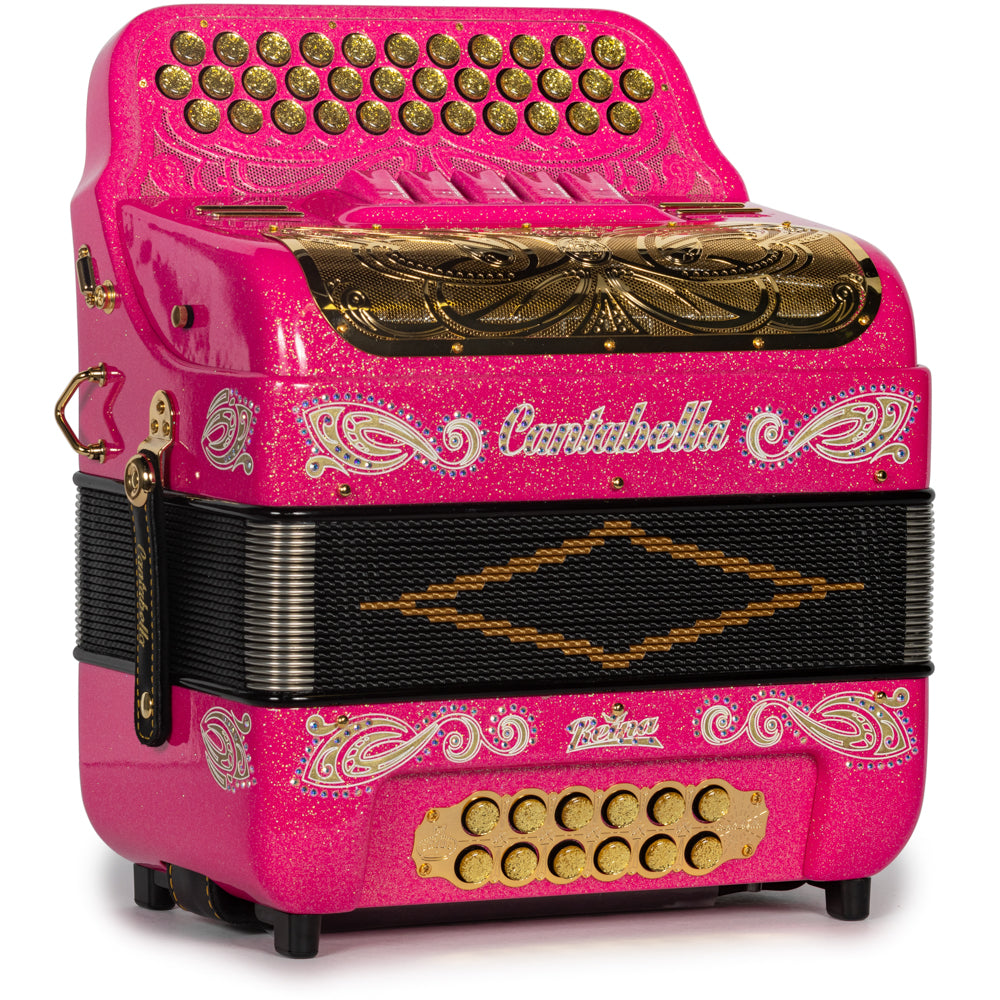 Cantabella Reina Accordion 5 Switch EAD Pink Glitter with Gold and Painted Fretboard Hermes Music
