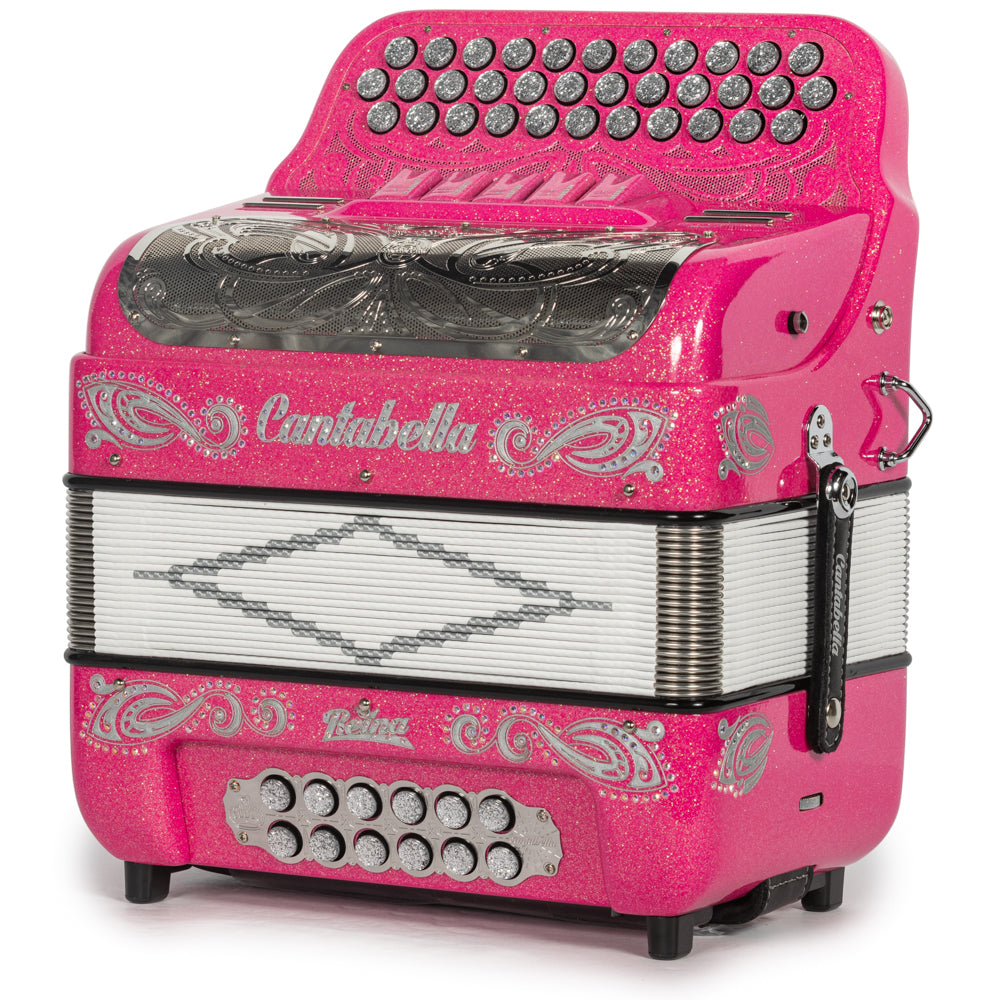 Cantabella Reina Acordeón 5 Registros Fa Brillo Rosa con Plata y Diapasón Pintado