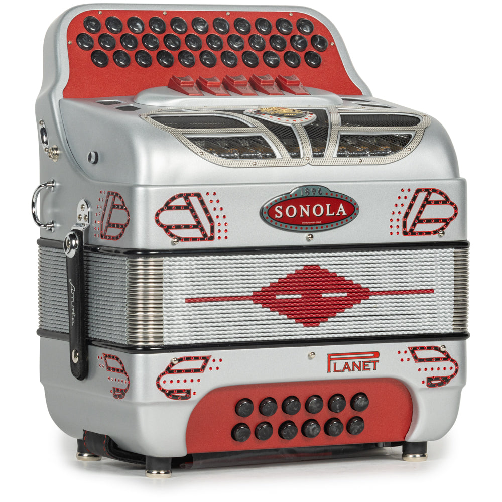 Sonola Retro 5 Switch Accordion FBE with Planet Reeds in Matte Silver with Red-accordion-Sonola-Hermes Music-Accordion Pro Shop