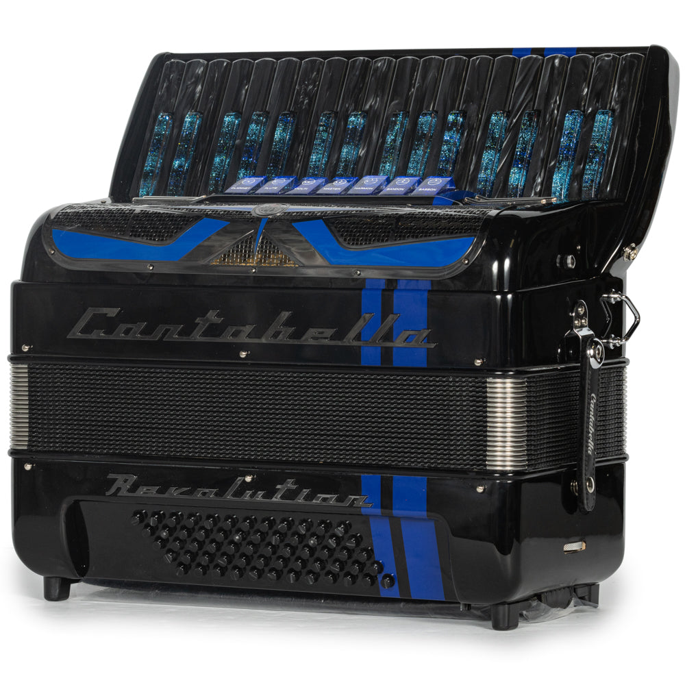Cantabella Revolution Piano Accordion 7 Switch Glossy Black with Blue Hermes Music Accordion Pro Shop