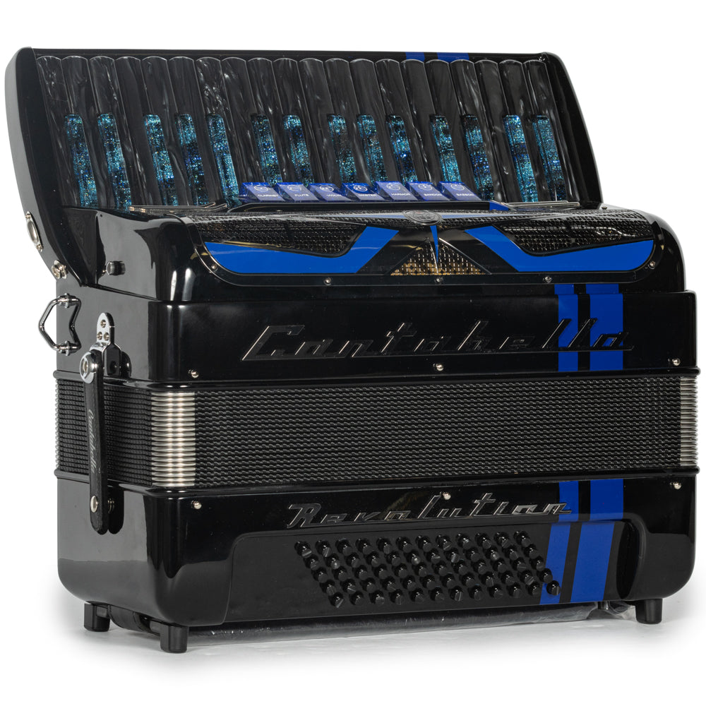 Cantabella Revolution Piano Accordion 7 Switch Glossy Black with Blue Hermes Music Accordion Pro Shop