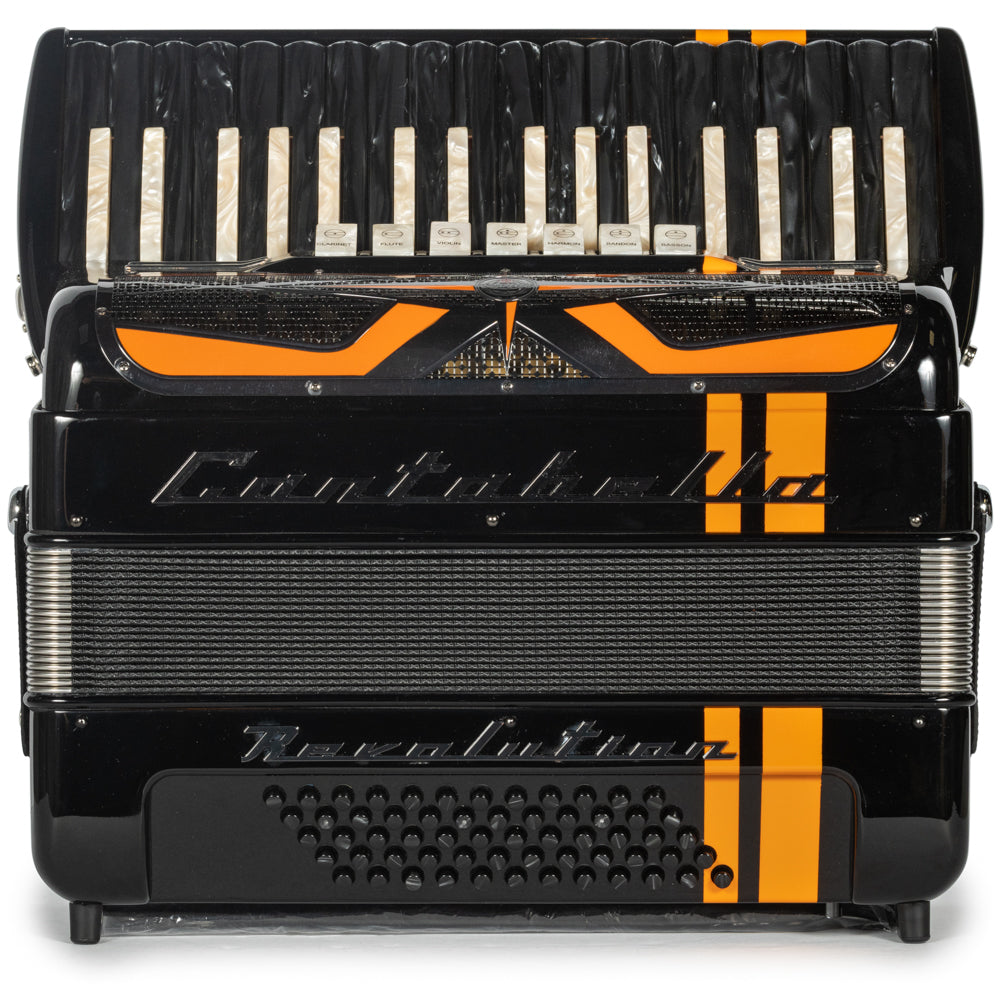 Cantabella Revolution Piano Accordion 7 Switch Glossy Black with Orange Hermes Music Accordion Pro Shop