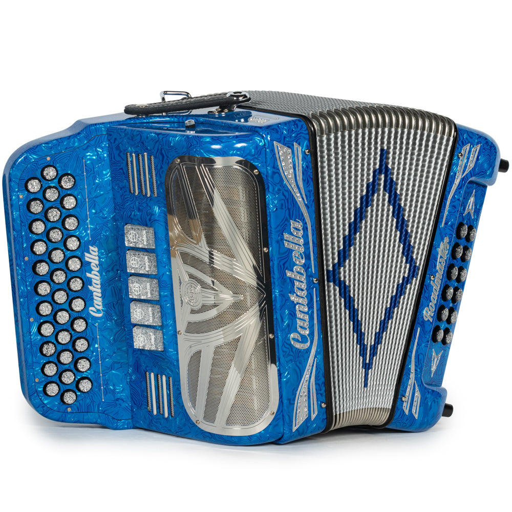 Cantabella Roadmaster Acordeón 5 Registros Fa Ondas Azules con Diapasón Pintado y Fuelles Plata