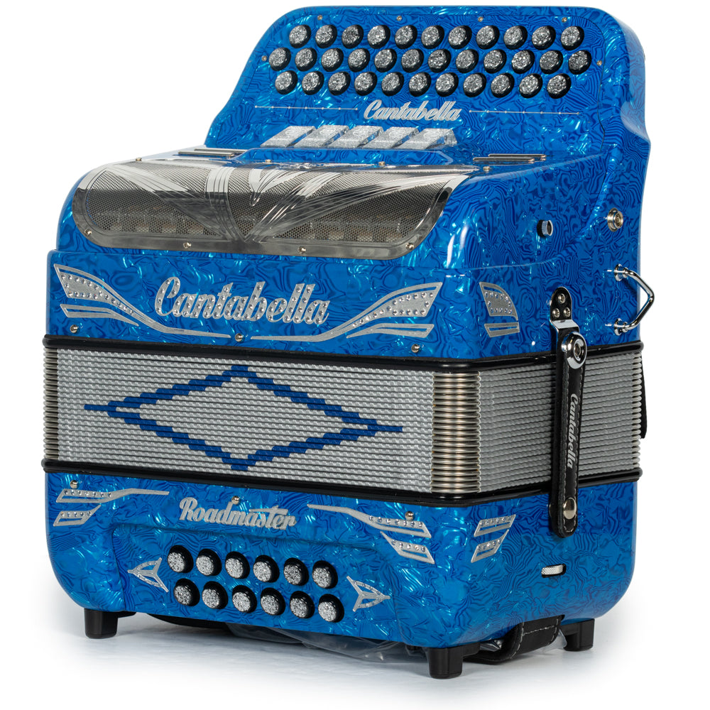 Cantabella Roadmaster Acordeón 5 Registros Fa Ondas Azules con Diapasón Pintado y Fuelles Plata
