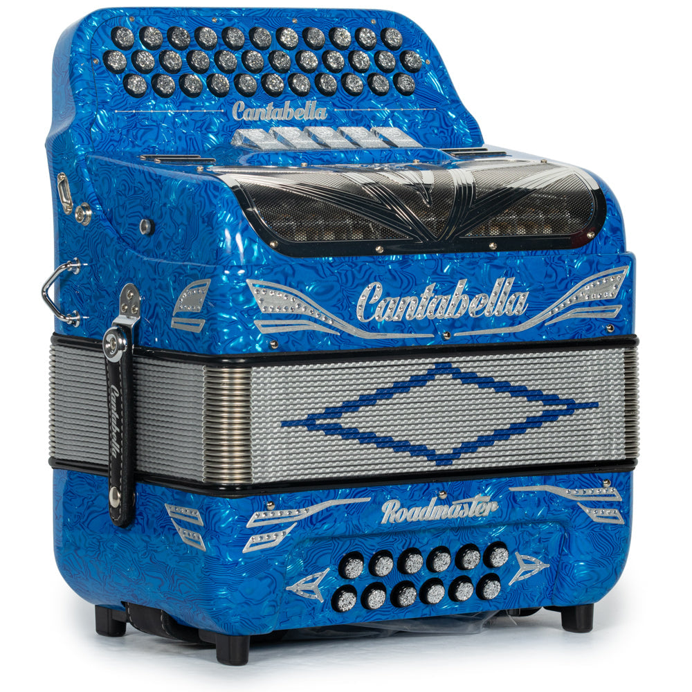 Cantabella Roadmaster Acordeón 5 Registros Fa Ondas Azules con Diapasón Pintado y Fuelles Plata