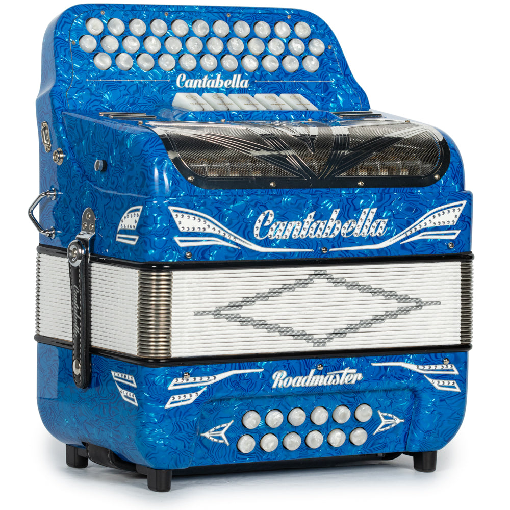 Cantabella Roadmaster Acordeón 5 Registros Mi Ondas Azules con Diapasón Pintado y Fuelles Blanco