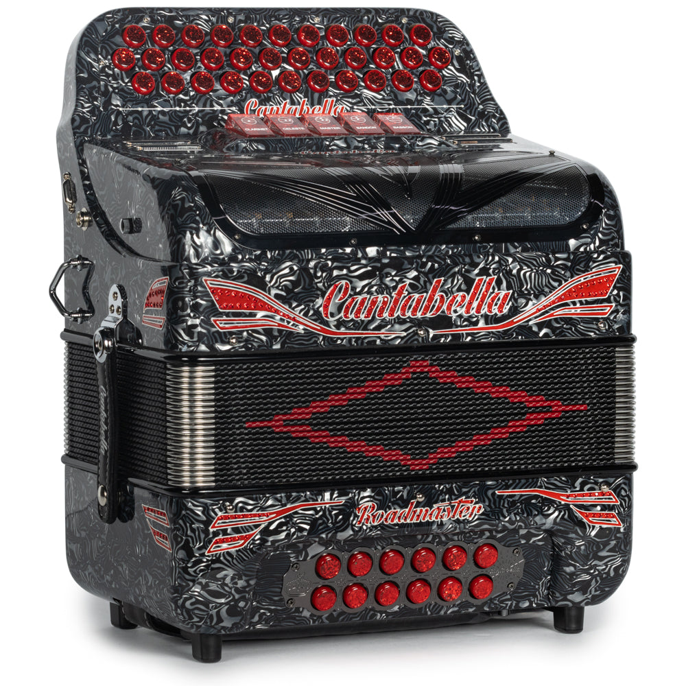 Cantabella Roadmaster Acordeón 5 Registros Sol Ondas Gris Diapasón Pintado con Detalles Rojo