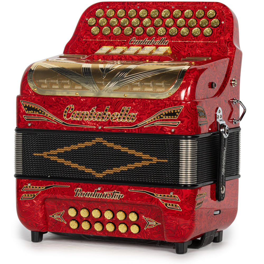 Cantabella Roadmaster Acordeón 5 Registros Fa Ondas Rojas con Negro y Oro y Diapasón Pintado