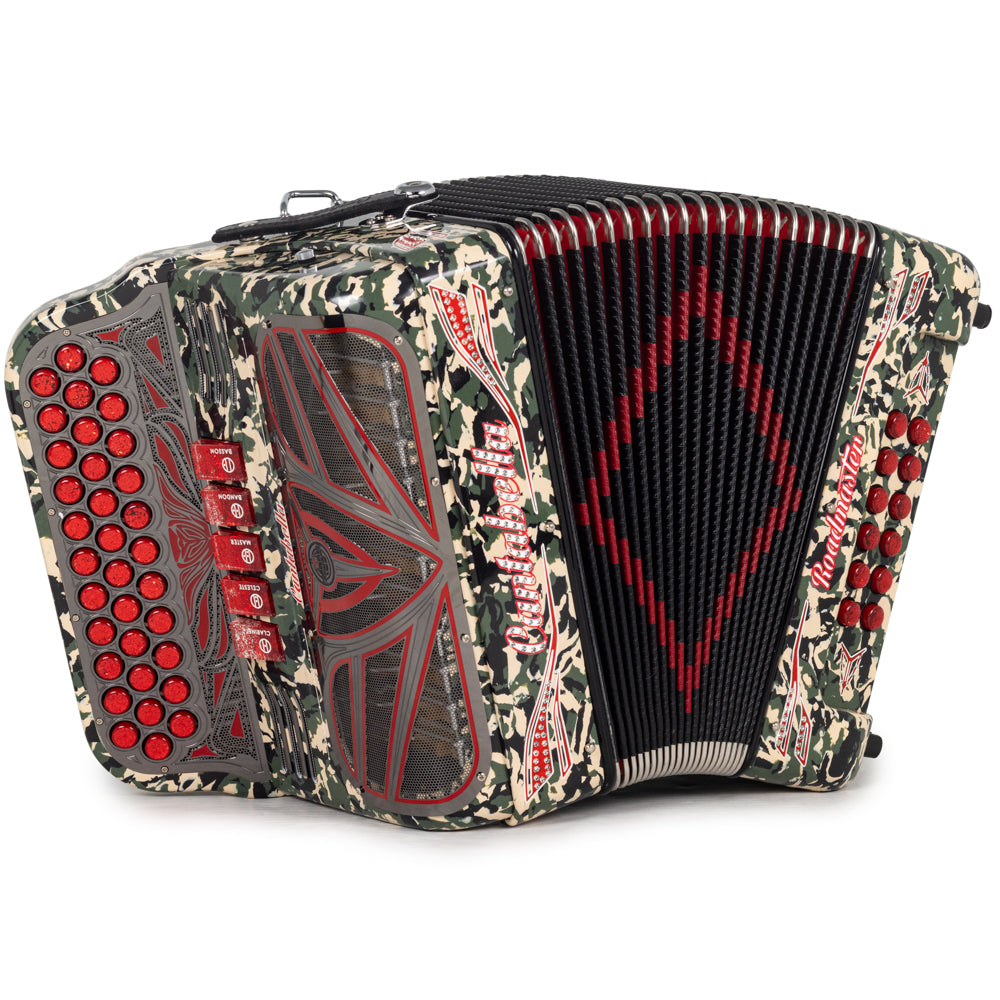 Cantabella Roadmaster Acordeón Ultra Compacto 5 Registros Fa Camuflaje con Rojo y Plata