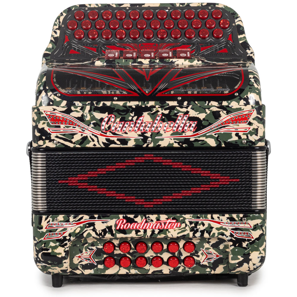 Cantabella Roadmaster Acordeón Ultra Compacto 5 Registros Fa Camuflaje con Rojo y Plata