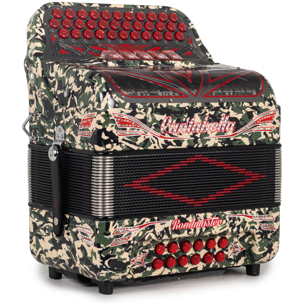 Cantabella Roadmaster Acordeón Ultra Compacto 5 Registros Fa Camuflaje con Rojo y Plata