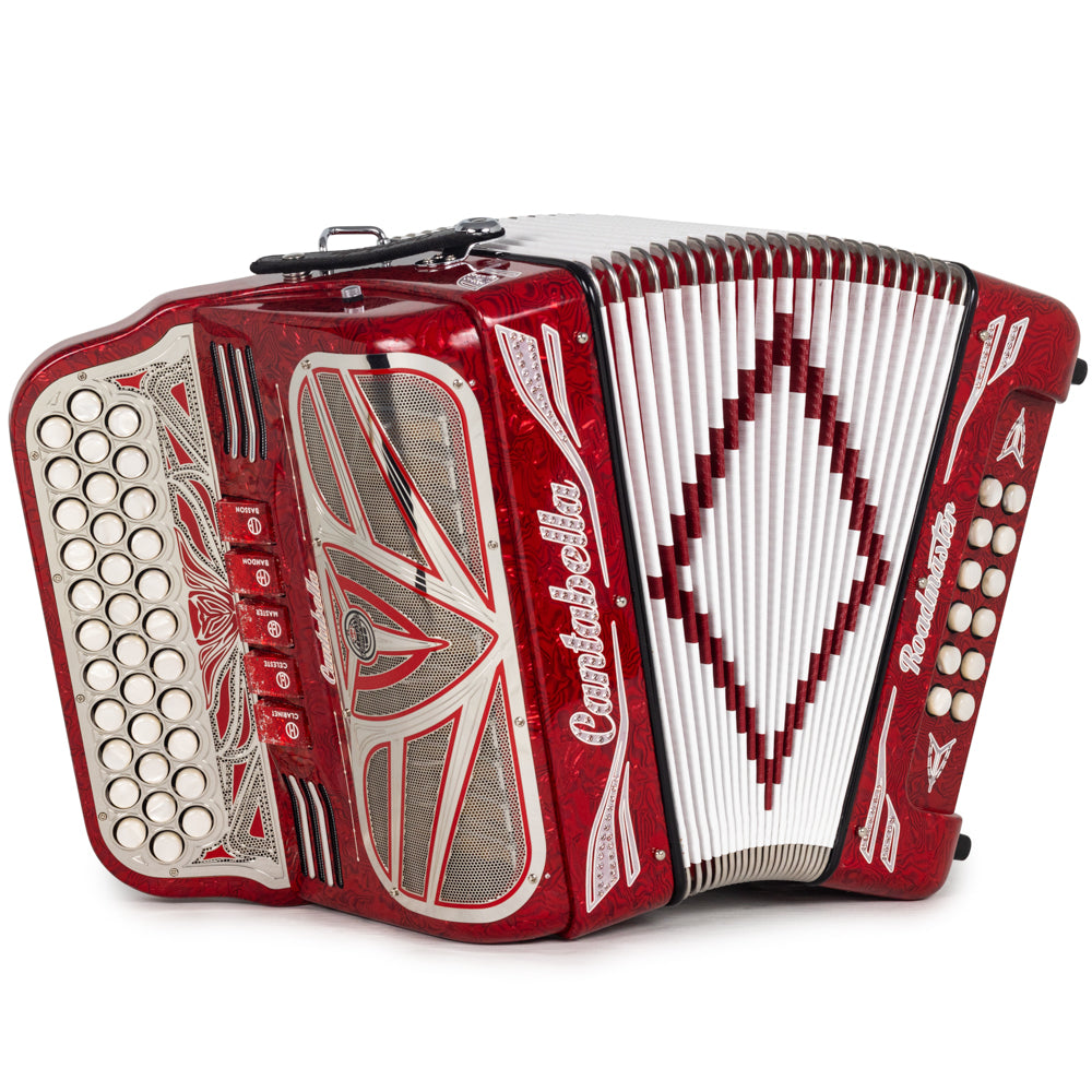 Cantabella Roadmaster Acordeón Ultra Compacto 5 Registros Fa Celuloide Rojo con Blanco y Cromo