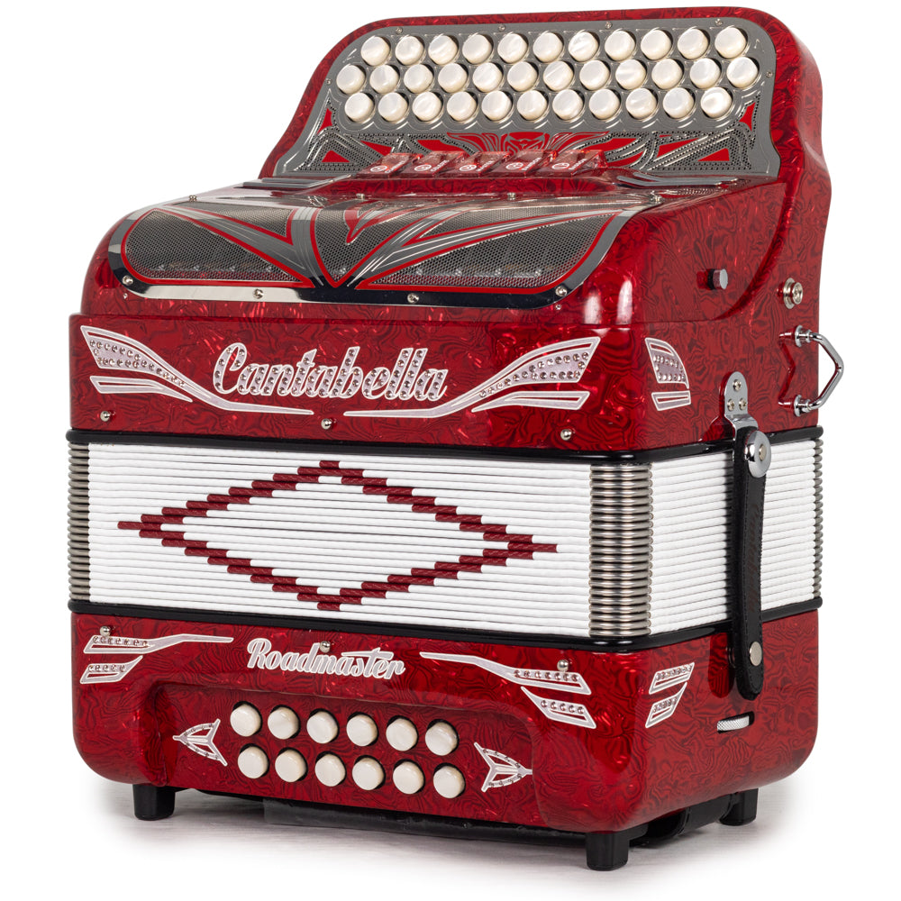 Cantabella Roadmaster Acordeón Ultra Compacto 5 Registros Fa Celuloide Rojo con Blanco y Cromo