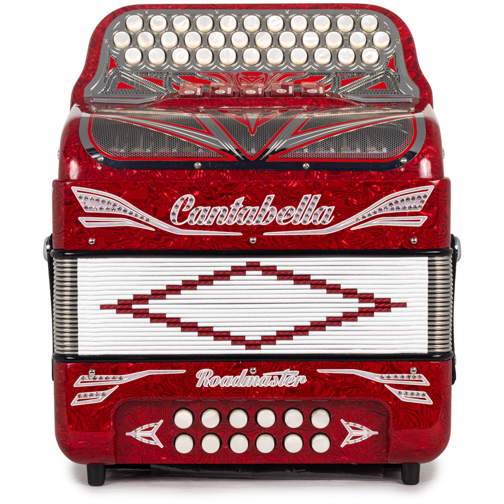 Cantabella Roadmaster Acordeón Ultra Compacto 5 Registros Fa Celuloide Rojo con Blanco y Cromo