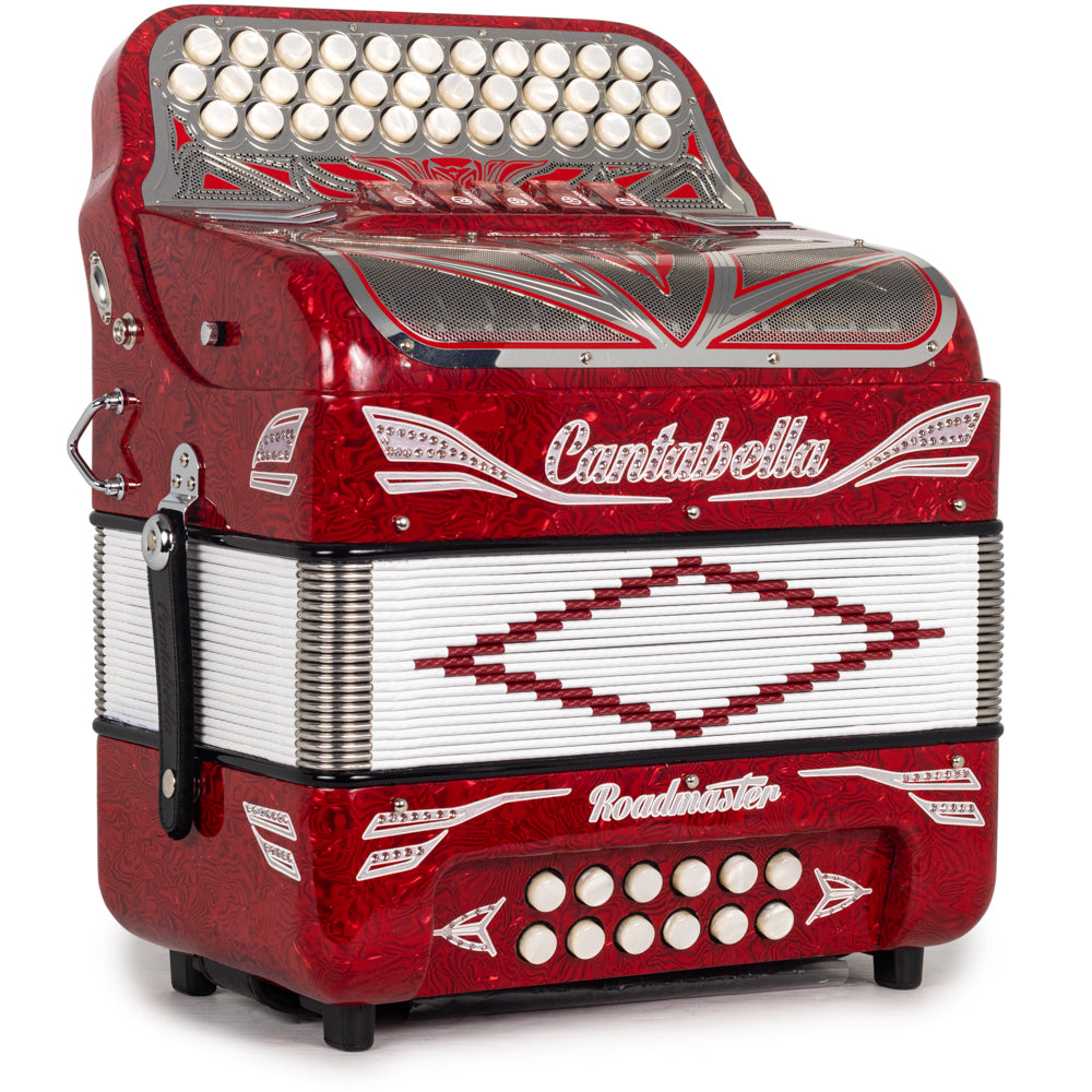Cantabella Roadmaster Acordeón Ultra Compacto 5 Registros Fa Celuloide Rojo con Blanco y Cromo