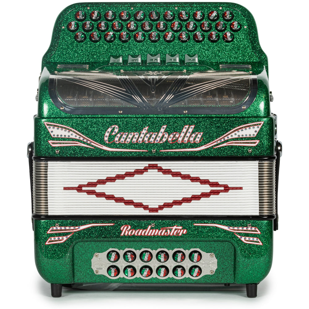 Cantabella Reina Acordeón 5 Registros Fa Brillo Verde con Rojo Blanco y Verde y Diapasón Pintado