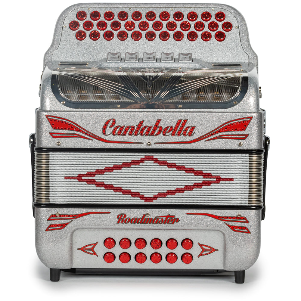 Cantabella Roadmaster Accordion 5 Switch GCF Silver Glitter with Red Painted Fretboard-accordions-Cantabella-Hermes Music-Accordion Pro Shop