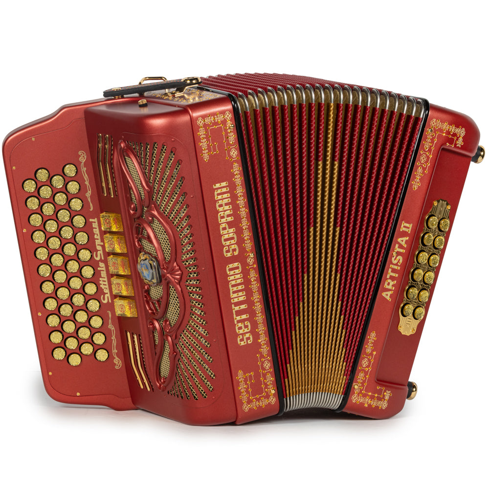 Settimio Soprani Artista II 5 Switch 46 Button Accordion FBE Matte Red with Gold-Settimio Soprani-Hermes Music-Accordion Pro Shop