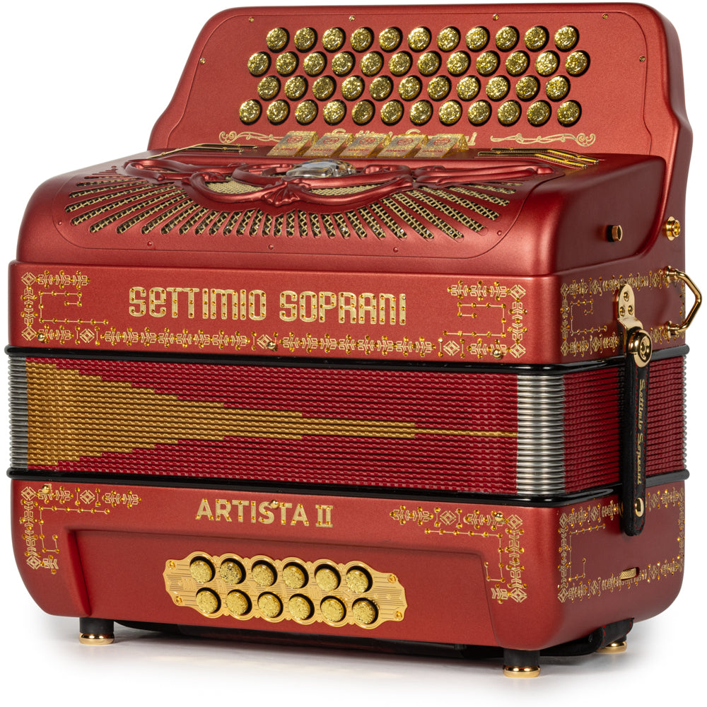 Settimio Soprani Artista II 5 Switch 46 Button Accordion FBE Matte Red with Gold-Settimio Soprani-Hermes Music-Accordion Pro Shop