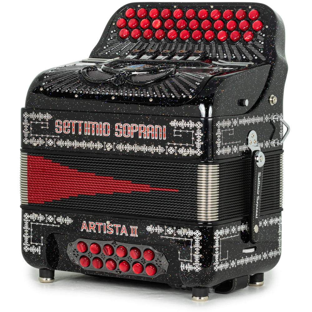 Settimio Soprani Artista II Ultra Compacto Acordeon 5 Registros Mi Brillo Negro con Rojo y Blanco