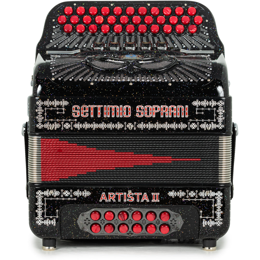 Settimio Soprani Artista II Ultra Compacto Acordeon 5 Registros Mi Brillo Negro con Rojo y Blanco