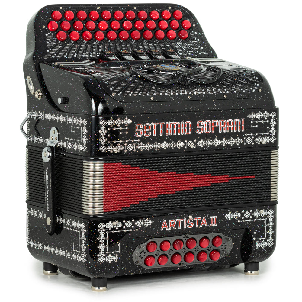 Settimio Soprani Artista II Ultra Compacto Acordeon 5 Registros Mi Brillo Negro con Rojo y Blanco