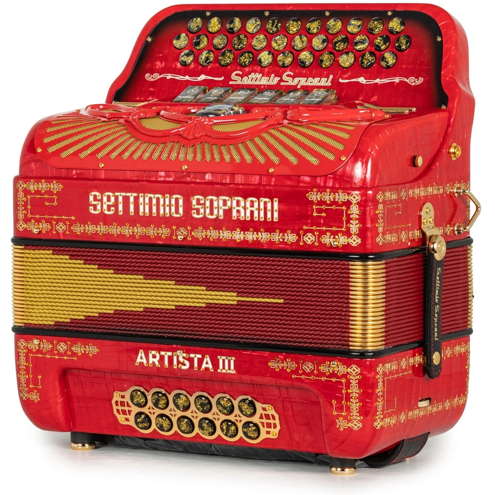 Settimio Soprani Artista III Acordeon 6 Registros Fa-Mi Rojo y Oro