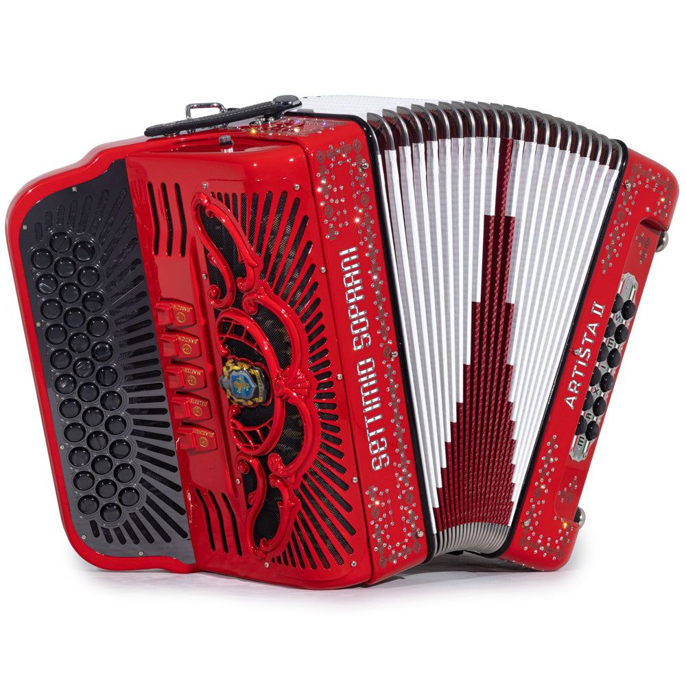 Settimio Soprani Artista II Ultra Compacto Acordeon 5 Registros Mi Rojo y Plata