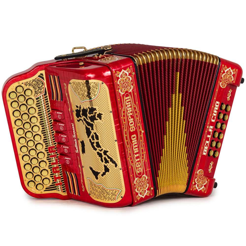 Settimio Soprani Bella Ciao II Ultra Compacto Acordeon 5 Registros Fa Rojo con Dorado