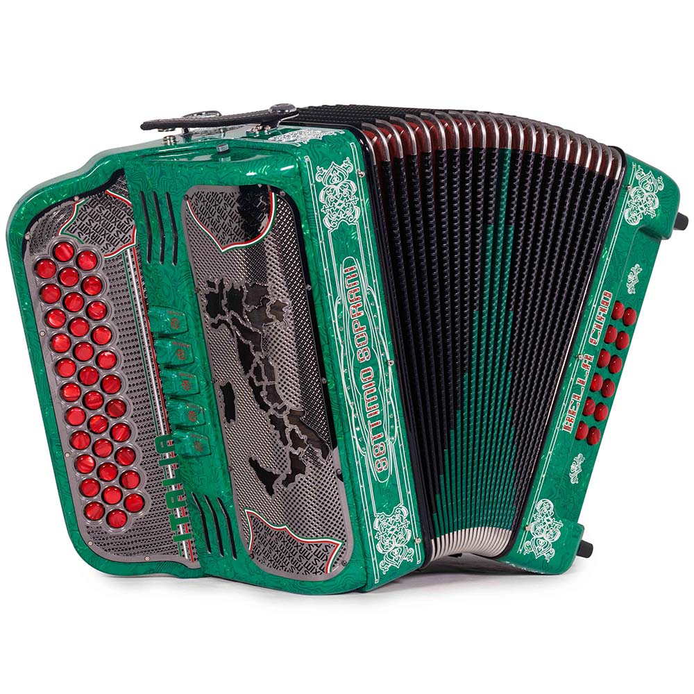 Settimio Soprani Bella Ciao Acordeon 5 Registros FBE Celuloide Verde con Brilllo