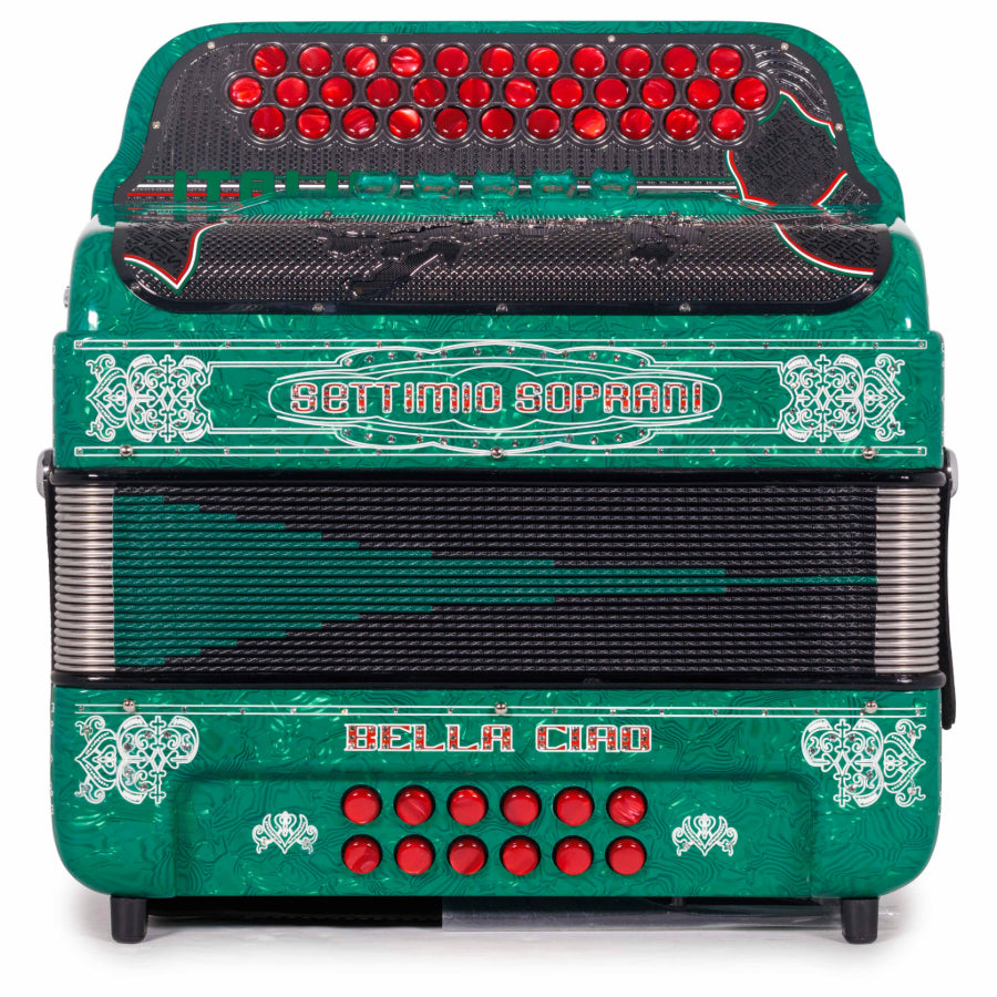 Settimio Soprani Bella Ciao Acordeon 5 Registros FBE Celuloide Verde con Brilllo