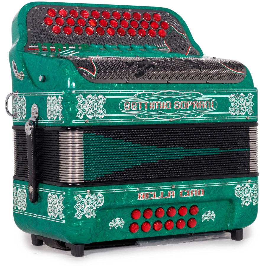 Settimio Soprani Bella Ciao Acordeon 5 Registros FBE Celuloide Verde con Brilllo
