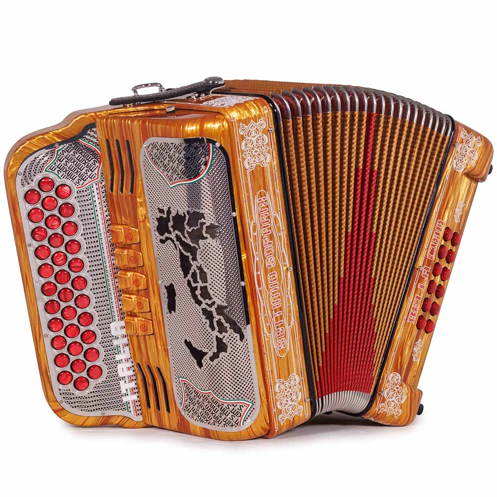 Settimio Soprani Bella Ciao Acordeon 5 Registros EAD Celuloide Madera Dorada y Accesorios Rojos