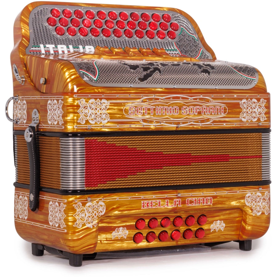 Settimio Soprani Bella Ciao Acordeon 5 Registros EAD Celuloide Madera Dorada y Accesorios Rojos